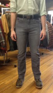 Joe is wearing Grand River stretch twill pants. Available in gray, tan, and olive.